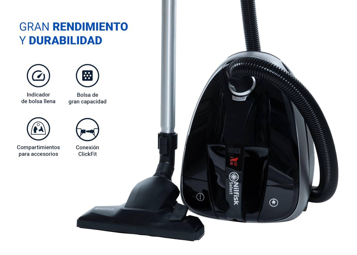 Nilfisk Aspiradora Select para Suelos y Alfombras - Aspirador de Trineo Anti-Alérgenos con filtro HEPA, Elimina el Polen de Suelos y Aire - Negra (BLSU13P08A1)