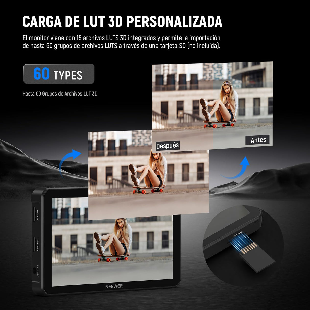 NEEWER 7" F700 Monitor Campo Cámara, Pantalla Táctil IPS 2000nit con LUT 3D, Entrada/Salida Bucle HDMI 4K con Peak Focus DSLR Video Assist HDR Waveform, Zapata Fría Mount, 2 Baterías NP-F750 y Cable