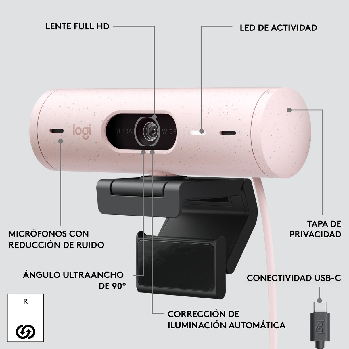 Logitech Brio 500 HD Webcam Ajuste Luz, Modo Visualización, Mics Duales con Reducción Ruido, Cubierta Privacidad Cámara Web, Admite MS Teams, Google Meet, Zoom, Cable USB-C, Webcam Streaming - Rosa