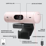 Logitech Brio 500 HD Webcam Ajuste Luz, Modo Visualización, Mics Duales con Reducción Ruido, Cubierta Privacidad Cámara Web, Admite MS Teams, Google Meet, Zoom, Cable USB-C, Webcam Streaming - Rosa