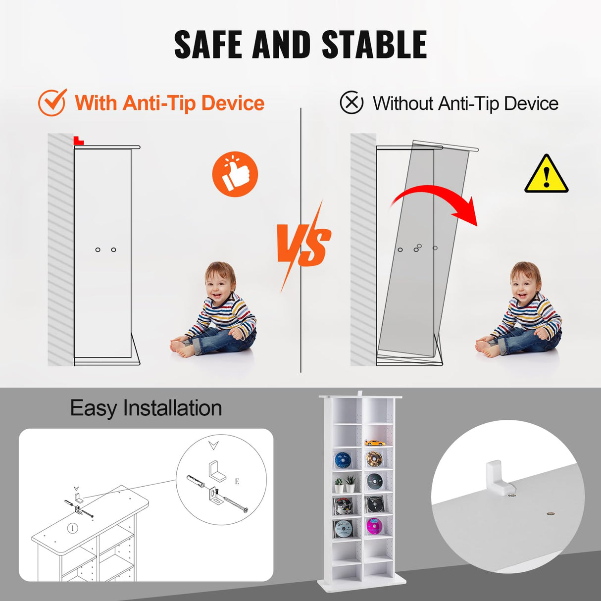 VEVOR Mueble de Almacenamiento Multimedia Mueble para DVD de 8 Capas Capacidad para 464 CD 16 Compartimentos Estantes Ajustables de CD para Colecciones de Música, Películas, Videojuegos, Blanco