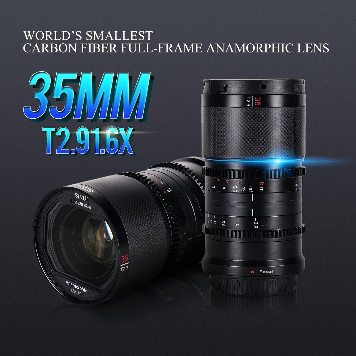 SIRUI Saturn 35mm T2.9 1.6X Full Frame Carbono Fibra Anamorphic Lens, Ligero Cine Cinema Objetivo Lens Lenses Lente para Drones, estabilizadores de cardán de Mano (L Mount Natural Flare)