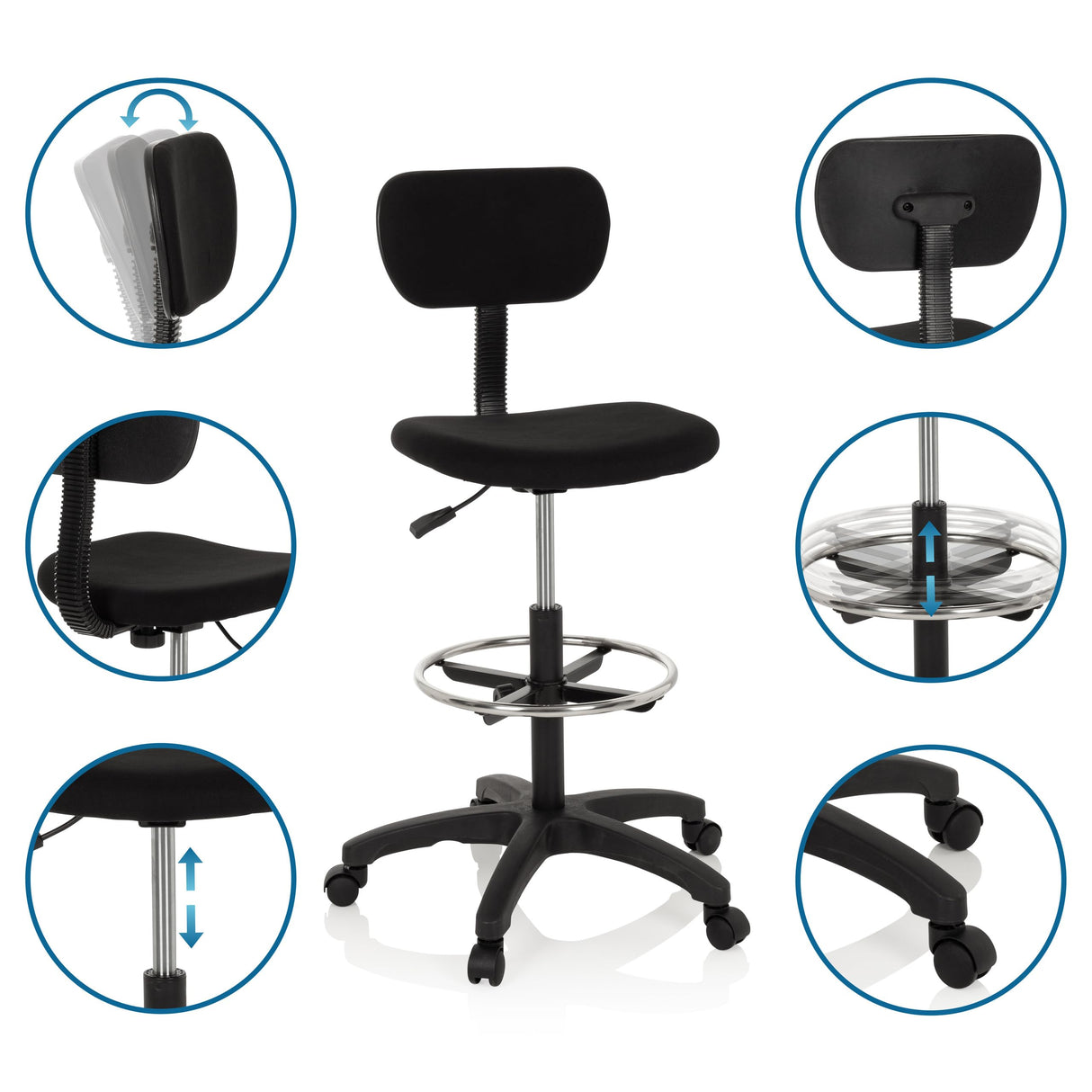 hjh OFFICE Silla de Trabajo Silla giratoria Top Work 05 Tela Alta con Respaldo reposapies Altura Ajustable Negro