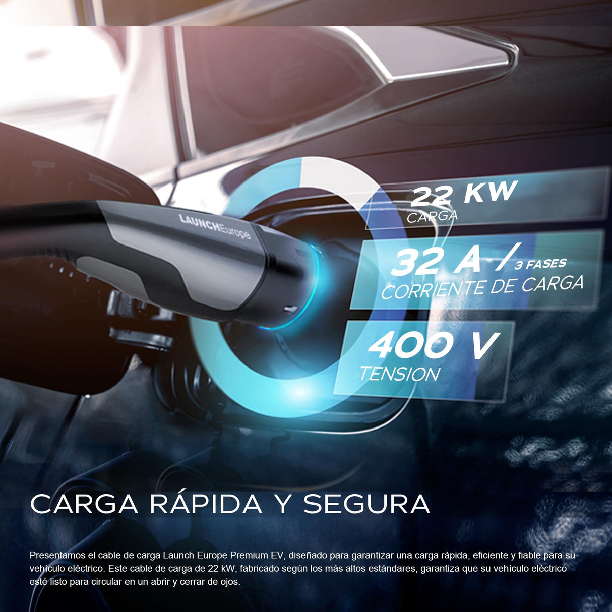 Launch Cable de Carga Tipo 2-22kW 7M 32A para Coche eléctrico, Ideal para EV/PHEV Tipo 2 a Tipo 2, 3 Fases, IP55, con Bolsa de Transporte. Compatible con vehículos T-Mode y E-Golf.