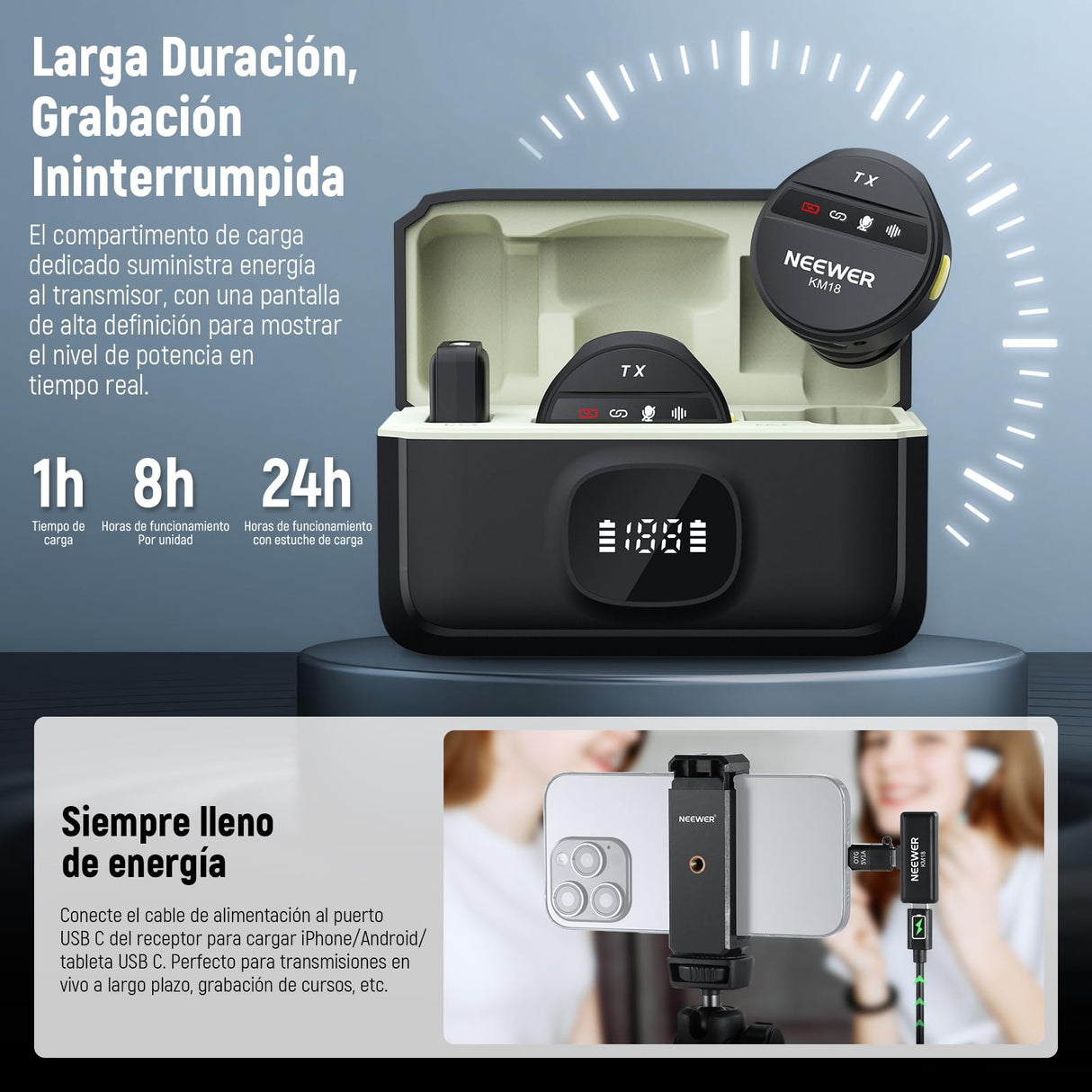 NEEWER Micrófono Lavalier Inalámbrico para iPhone Mini Mic Solapa Set Cancelar Ruido y Estuche de Carga USB C OTG Batería 24H 200m Alcance Compatible con iPhone 16 15 Android PC Portátil, KM18