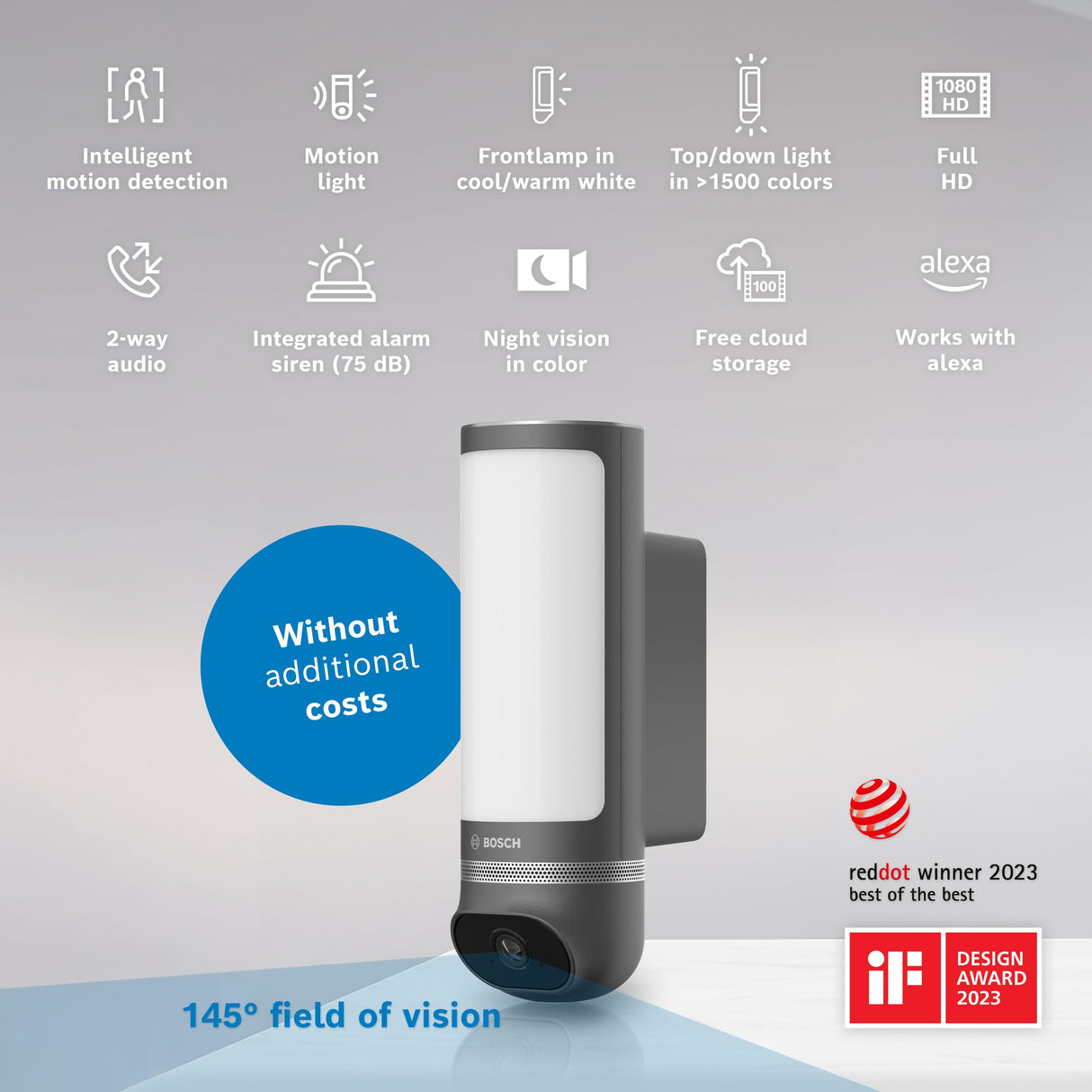 Bosch Smart Home Cámara Exterior II, cámara vigilancia Exterior, cámara IP, resolución 1080p Full-HD con Sirena integrada y lámpara de diseño, Compatible con Amazon Alexa, Antracita
