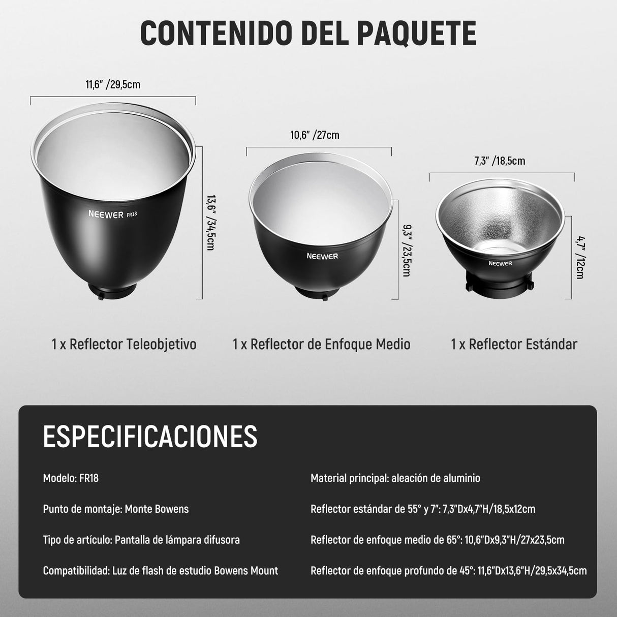 NEEWER 7" Estándar/10 Mediano/11 Profundo Enfoque Reflector Set, 55°/65°/45° Pantalla Lámpara Difusora Reflectora Bowens Montaje Compatible con Godox Compatible con Aputure NEEWER Flash Strobe, FR18