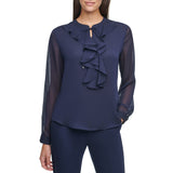 Tommy Hilfiger Long Sleeve Ruffle Front Blouse Blusas, Medianoche, L para Mujer