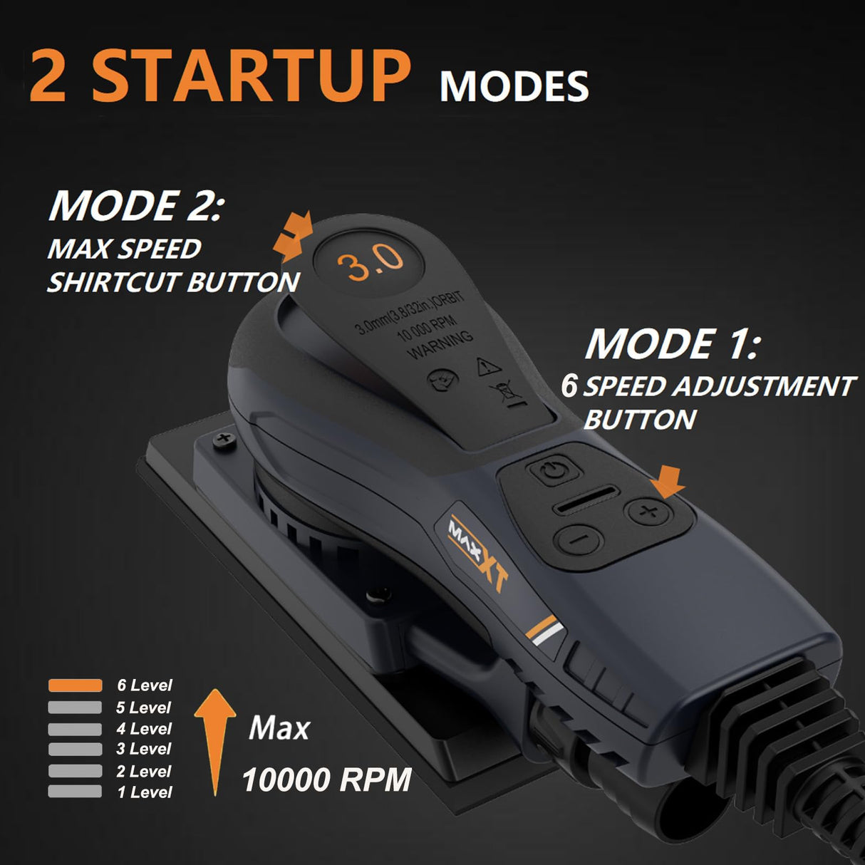 Lijadora Orbital Electrica con Cable, MAXXT Lijadora Orbital Electricas sin Escobillas 3mm 350W Velocidad Ajustable 4000-10000/RPM, Incluye 15 Hojas de Papel de Lija