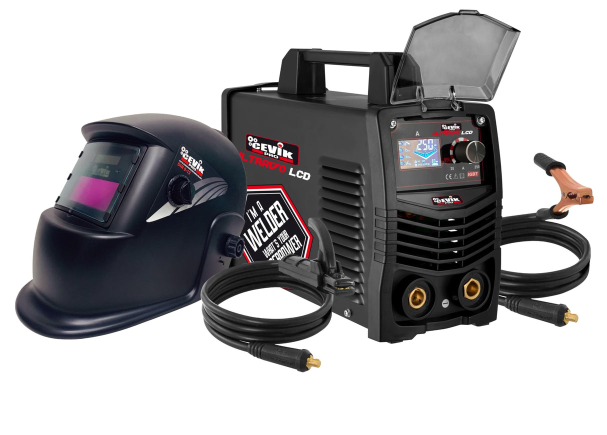 CEVIK PRO CE-ULTRA170LCD - Soldador Inverter MMA con Máscara de Soldadura y Portaelectrodo - 170A 40% 230V - Electrodos hasta 3.25mm - Pantalla LCD Digital - Máquina de Soldar Portátil
