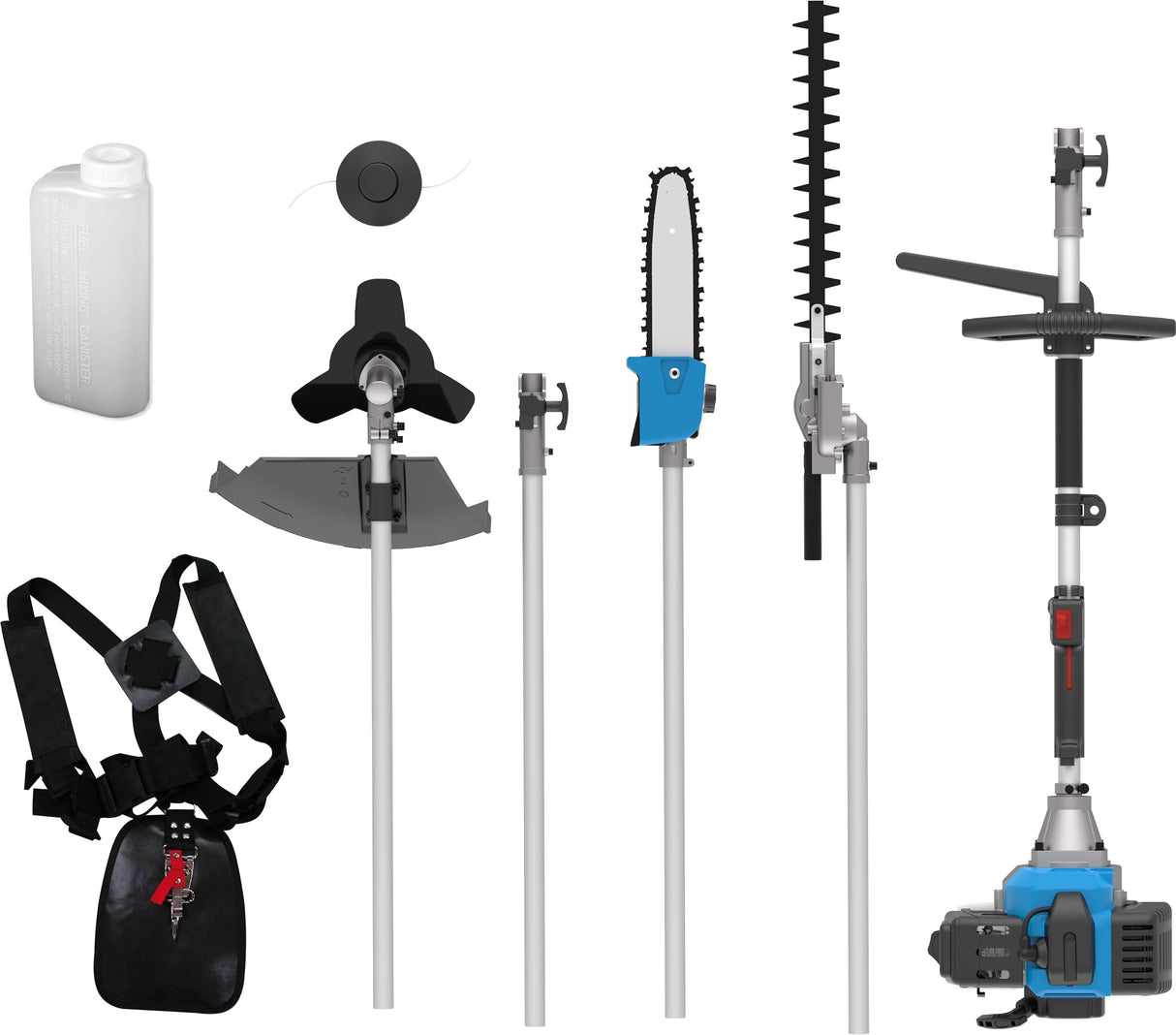 Güde Kit de Cuidado de jardín GPS 1001 4 en 1 (Motor de 2 Tiempos 1,2/1,6 kW/PS), Sierra de Cadena con Espada y Cadena Oregon, desbrozadora, Recortadora, Cortasetos en uno, Incluye extensión,