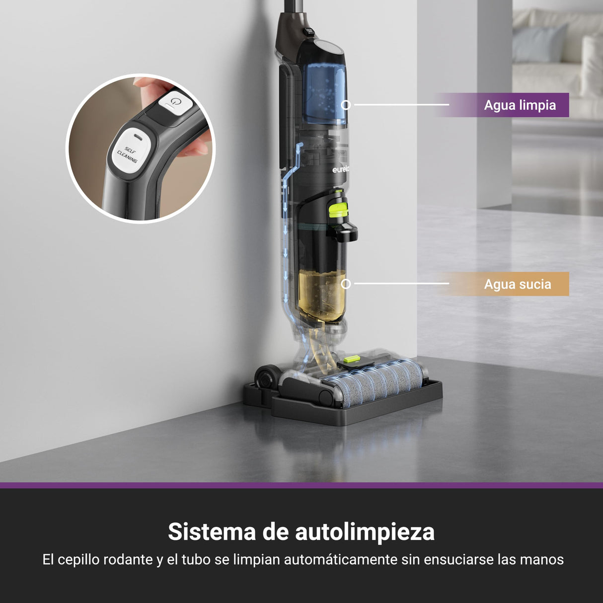 EUREKA NEW400 Gen2 Aspirador Escoba sin Cable en Seco y Húmedo Inalámbrico,Ligero, Aspiradora y Fregona sin Cable, Autolimpieza,Autonomía 30 mins,Tanque Doble,Suelos Duros, Pelo de Mascotas
