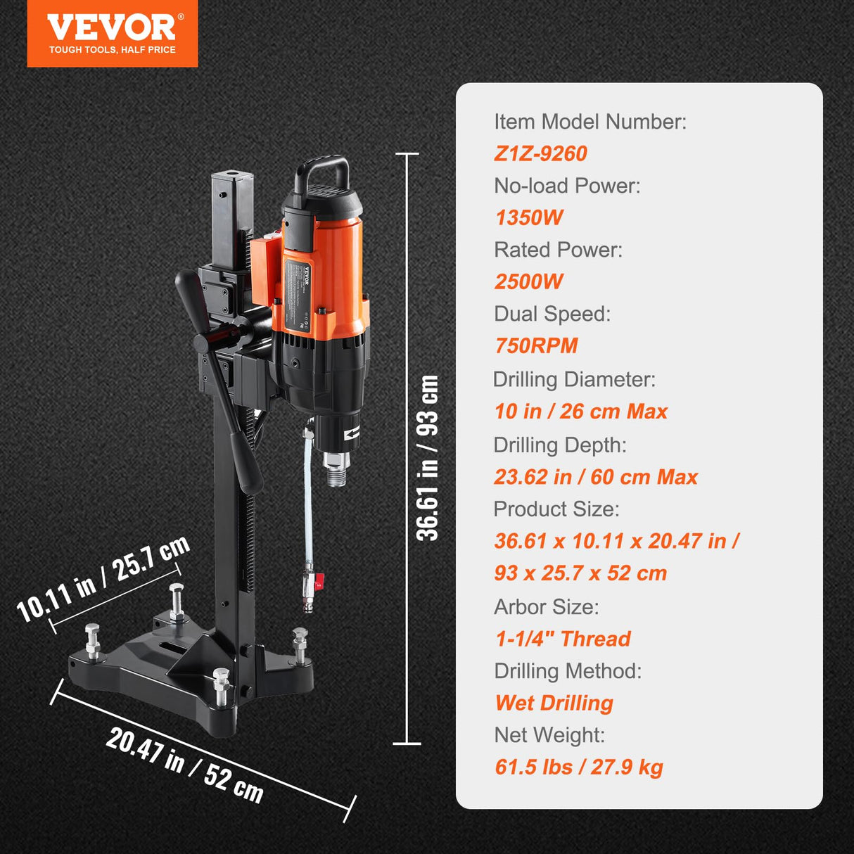 VEVOR Taladro de Diamante Diámetro Máximo de 26 cm Máquina Perforadora de Diamante Profundidad de 60 cm Taladradora Diamantina Húmeda 2500 W 750 rpm para Agujeros Construcción de Hormigón Armado