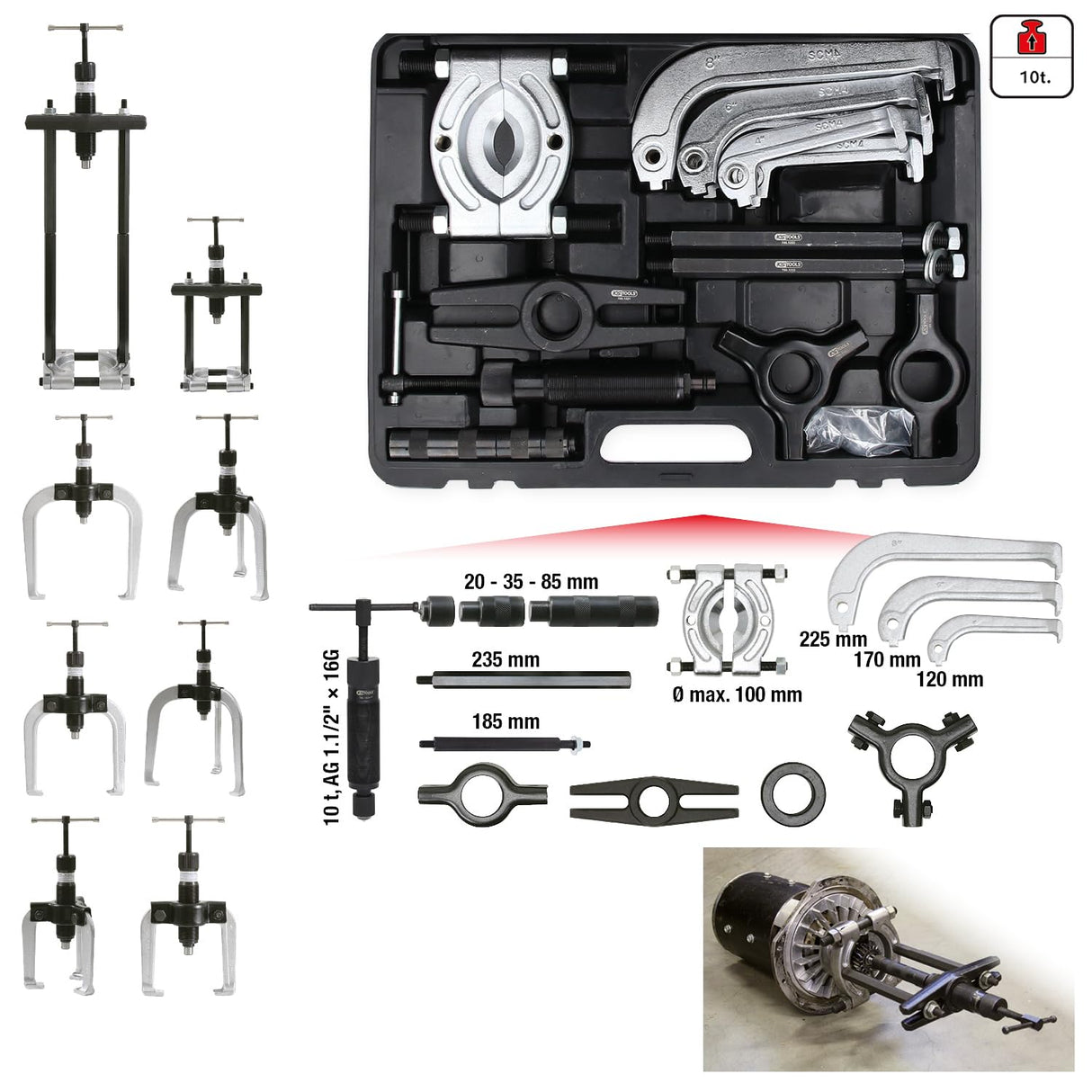 KS Tools 700.1200 Juego de extractores hidráulicos universales de 2 y 3 garras, 22 pzs.