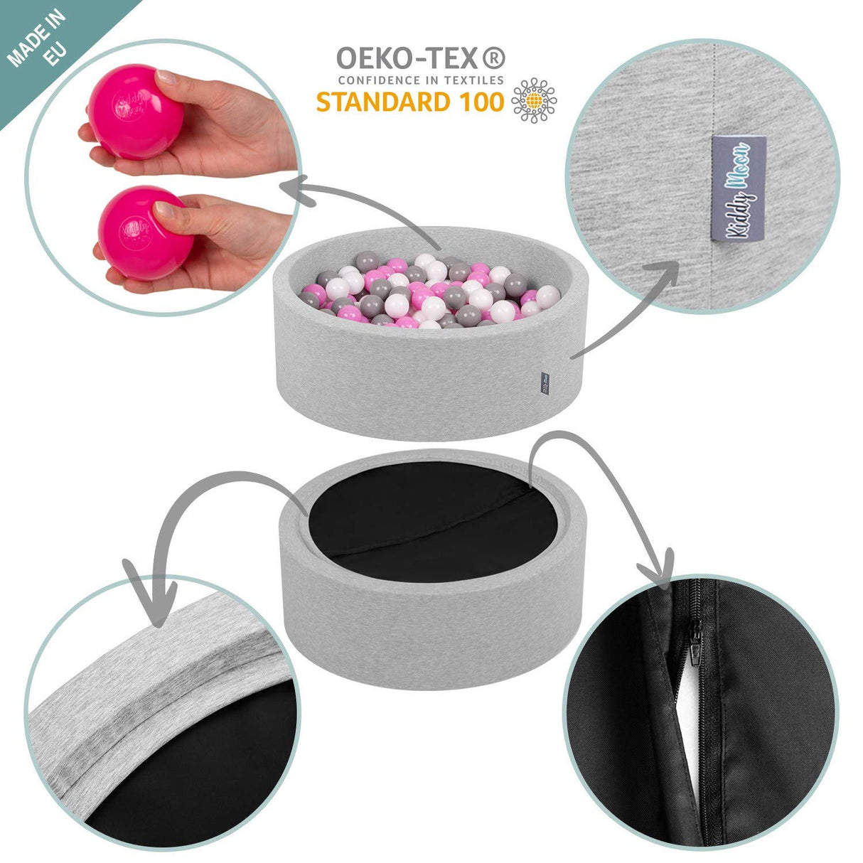 KiddyMoon 90X30cm/200 Bolas Piscina De Bolas ∅ 7Cm para Ninos Cuarto Angular Hecha En La UE, Grisclr:Blanco/Gris/Rosa Clr