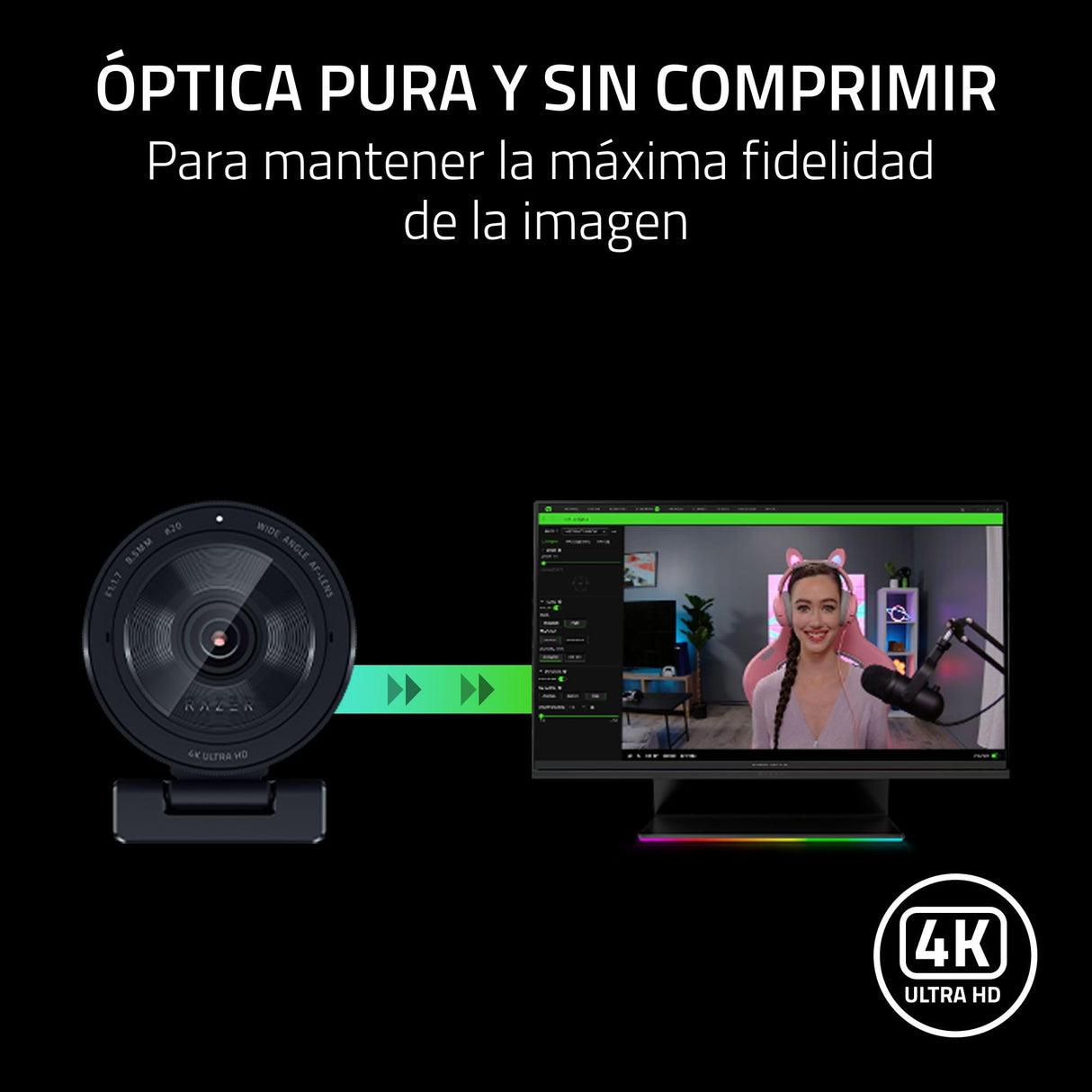 Razer Kiyo Pro Ultra - Cámara Web 4K para creación de contenidos y Streaming (Ultra High Dynamic Range-UHDR, UltraHD 4K 30 FPS/1080P 60 FPS, autoenfoque con IA, Sensor de luz de 2,9 μm) Negro