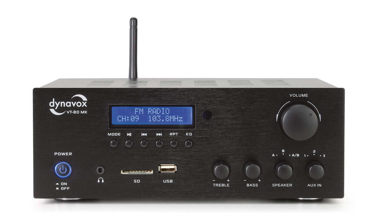 Dynavox VT-80 MK Amplificador estéreo Compacto, 4 terminales de Altavoz atornillables, Control Remoto para entradas Digitales (USB, Tarjeta SD), Antena BT integrada y Radio FM, Negro