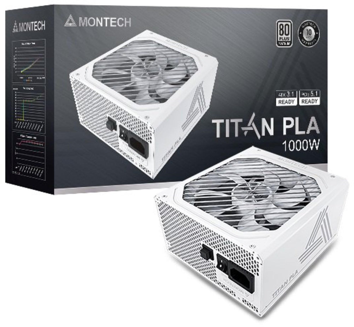 Montech Titan PLA 1000W ATX - Fuente de alimentación para Juegos de Alta Gama - 80 Plus Platinum y Cybenetics Platinum - Totalmente Modular - ATX 3.1 y PCIe 5.1 Ready -10 años de Cobertura, Color