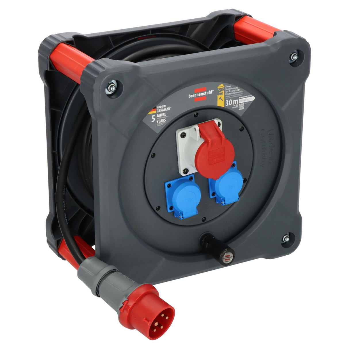 Brennenstuhl Carrete de Cable KD 3200 C1 Professional con Enchufe CEE, Enchufe CEE y 2 Tomas de Corriente con conexión a Tierra (Cable de 30 m en Negro, Uso en Exterior Permanente, Fabricado en