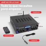 Pyle Sistema Amplificador de Potencia de Audio, Inalambrico, Estereo, Potencia Maxima de 200V, USB, SD, AUX, Entrada de microfono para Karaoke, Radio, Pantalla LCD, RCA