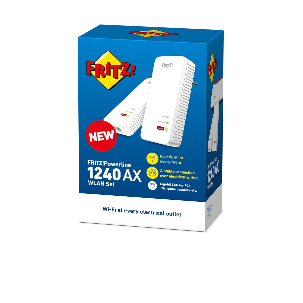 Fritz!Powerline 1240 AX WLAN Set International - Adaptador PLC Gigabit con Wi-Fi 6, Mesh, 2 Puertos Gigabit, Ideal para Streaming, vídeos HD, Internet TV, 1200 Mbps, Interfaz en Español