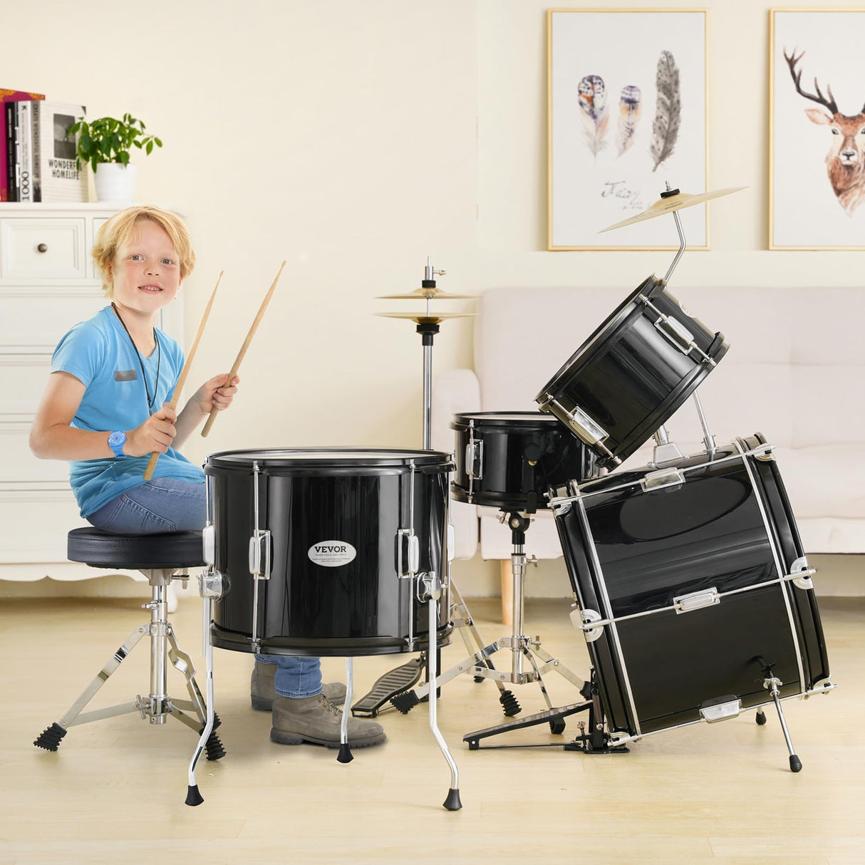 VEVOR Juego de Batería para Niños de Cinco Piezas, Juego Completo de Batería para Niños Principiantes con Bajo, TOMS, Caja, Bombo, Trono Ajustable, Pedal de Charles y Dos Pares de Baquetas, Negro