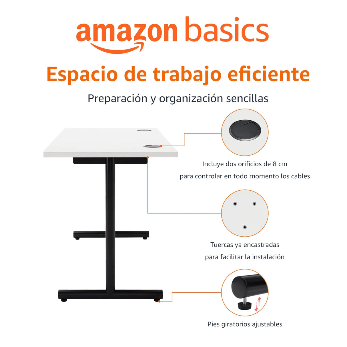 Amazon Basics - Escritorio simple para oficina en casa, escritorio para PC, parte superior blanca y marco negro, rectangular, fácil de montar, 120 x 60 x 73,6 cm