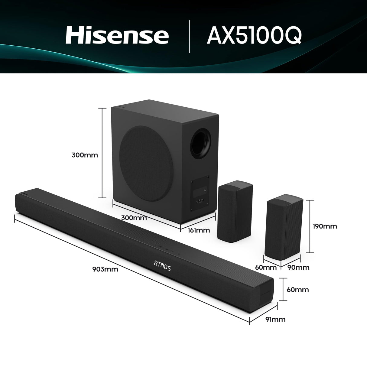Hisense AX5100Q - Barra de Sonido 5.1, 580W, 8 Altavoces, Subwoofer y Altavoces Traseros Semi-Inalámbricos, Dolby Atmos, Hi-Concerto, HDMI eARC, Bluetooth 5.3, Ez Play