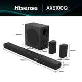 Hisense AX5100Q - Barra de Sonido 5.1, 580W, 8 Altavoces, Subwoofer y Altavoces Traseros Semi-Inalámbricos, Dolby Atmos, Hi-Concerto, HDMI eARC, Bluetooth 5.3, Ez Play