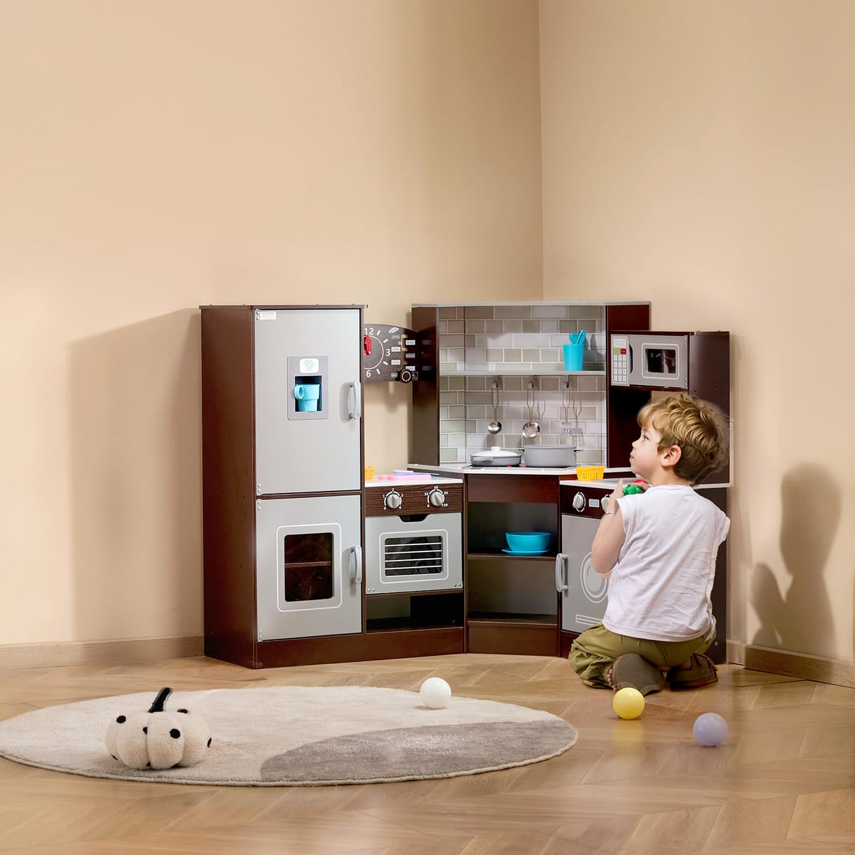 VEVOR Juego de Cocina de Madera de Esquina con Luces y Sonidos, Cocina con Máquina de Hielo, Horno, Fregadero, Reloj, Microondas, Refrigerador y Accesorios para Niños Pequeños y Preescolares, Marrón