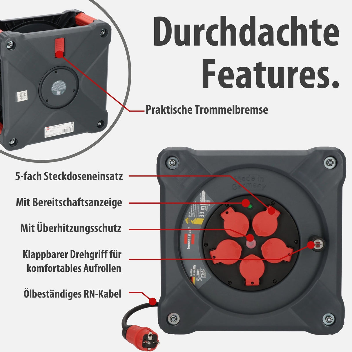Brennenstuhl Carrete de cable profesional KA 3100 5 IP44 (cable H07RN-F 3G1,5 de 33 m en negro, 5 tomas de seguridad, uso en obra y exterior permanente, fabricado en Alemania)