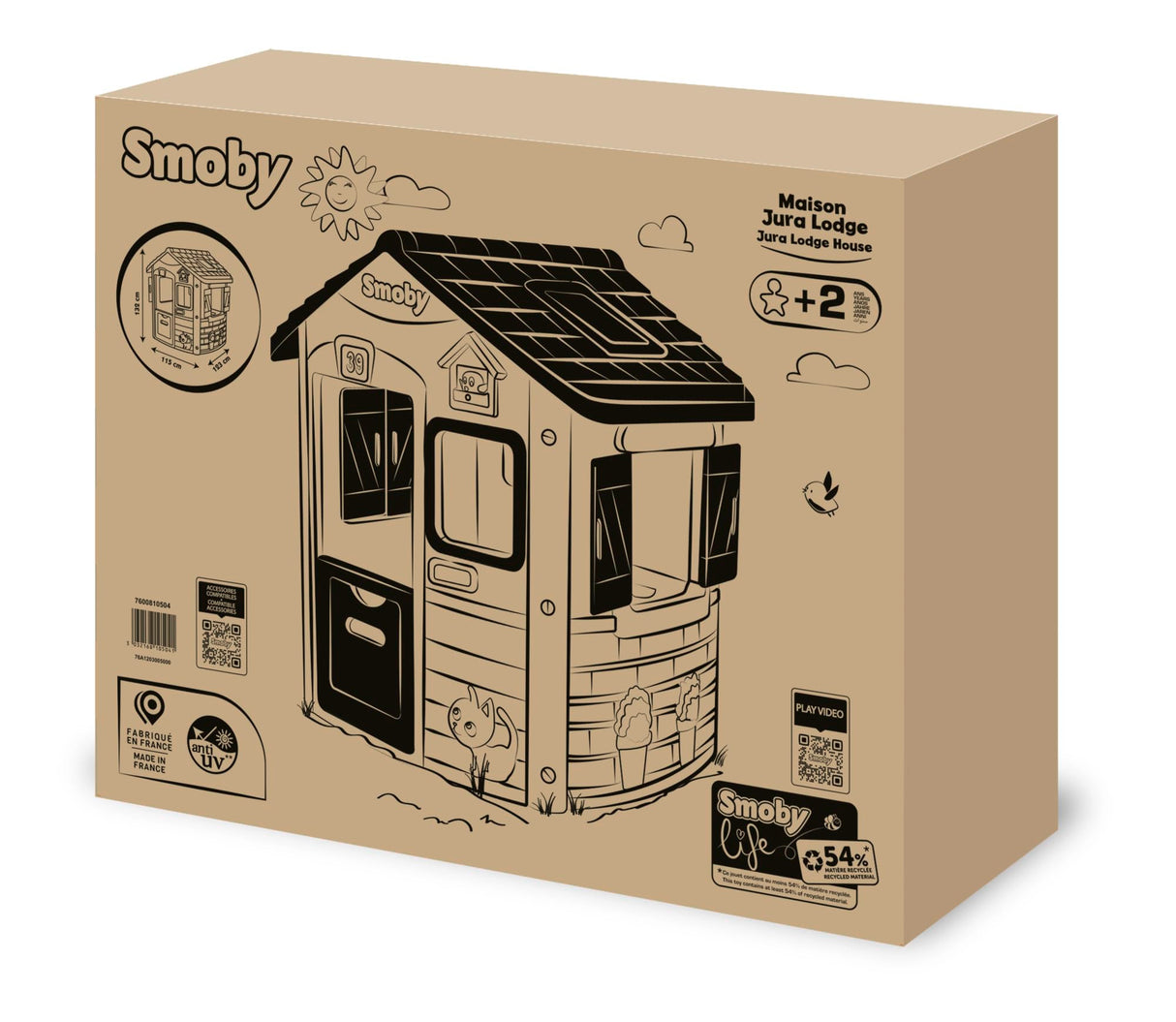 Smoby Life Casa Jura Lodge - Casa de Juegos Infantil con 2 Puertas Bajas, Ventanas con Contraventanas y Comedero para Pájaros - Material Reciclado - Resistente Rayos UV - Más de 2 años (7600810504)