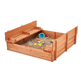 VEVOR Caja de Arena de Madera de 133 x 120 x 43 cm Arenero con Bancos Plegables y Revestimiento Inferior Caja de Arena de Madera para Niños de 3 a 12 Años para Exteriores, Patio, Playa, Parque