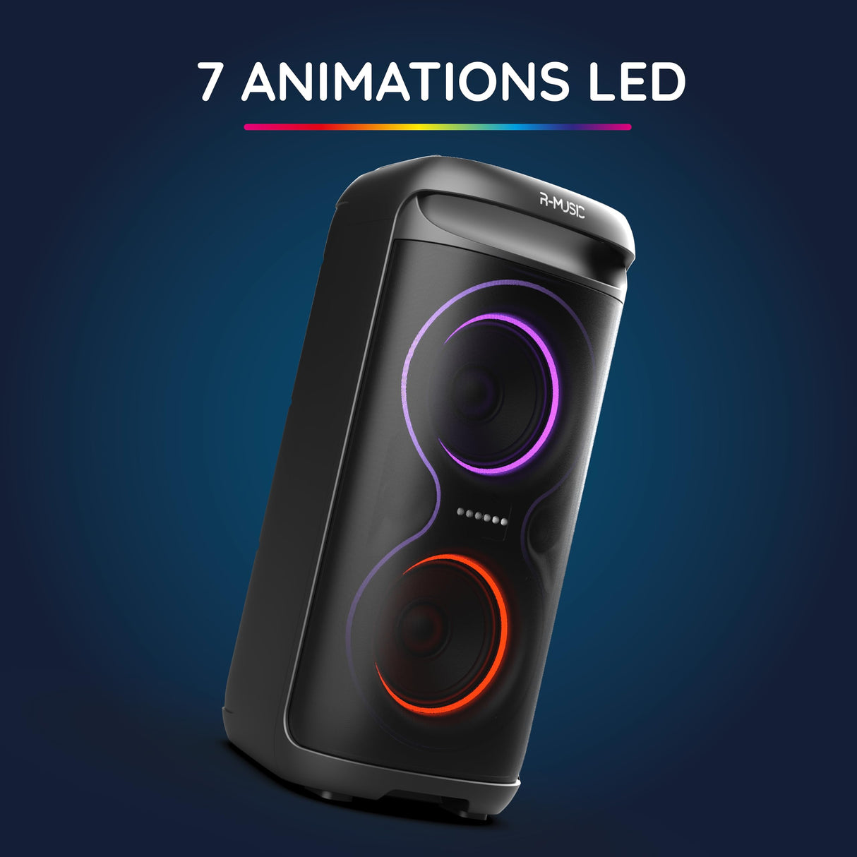R-MUSIC - Blaster M - Altavoz de Alta Potencia - Bluetooth, Luces RGB, Modo Karaoke, asa integrada, micrófono Incluido, Soporte para teléfono y Tableta integrada - Autonomía 7h