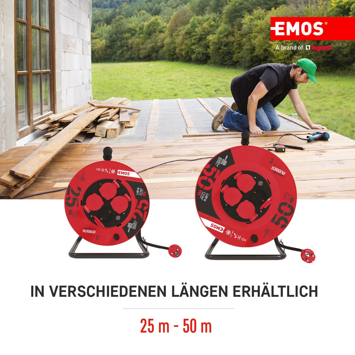 Emos P08225 Enrollacables Profesional alargador, de la Empresa, Grado de protección IP44, m de Cable con 4 enchufes Schuko, 1,5 mm2 Goma, para Uso Exterior, 25 Meter