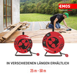 Emos P08225 Enrollacables Profesional alargador, de la Empresa, Grado de protección IP44, m de Cable con 4 enchufes Schuko, 1,5 mm2 Goma, para Uso Exterior, 25 Meter