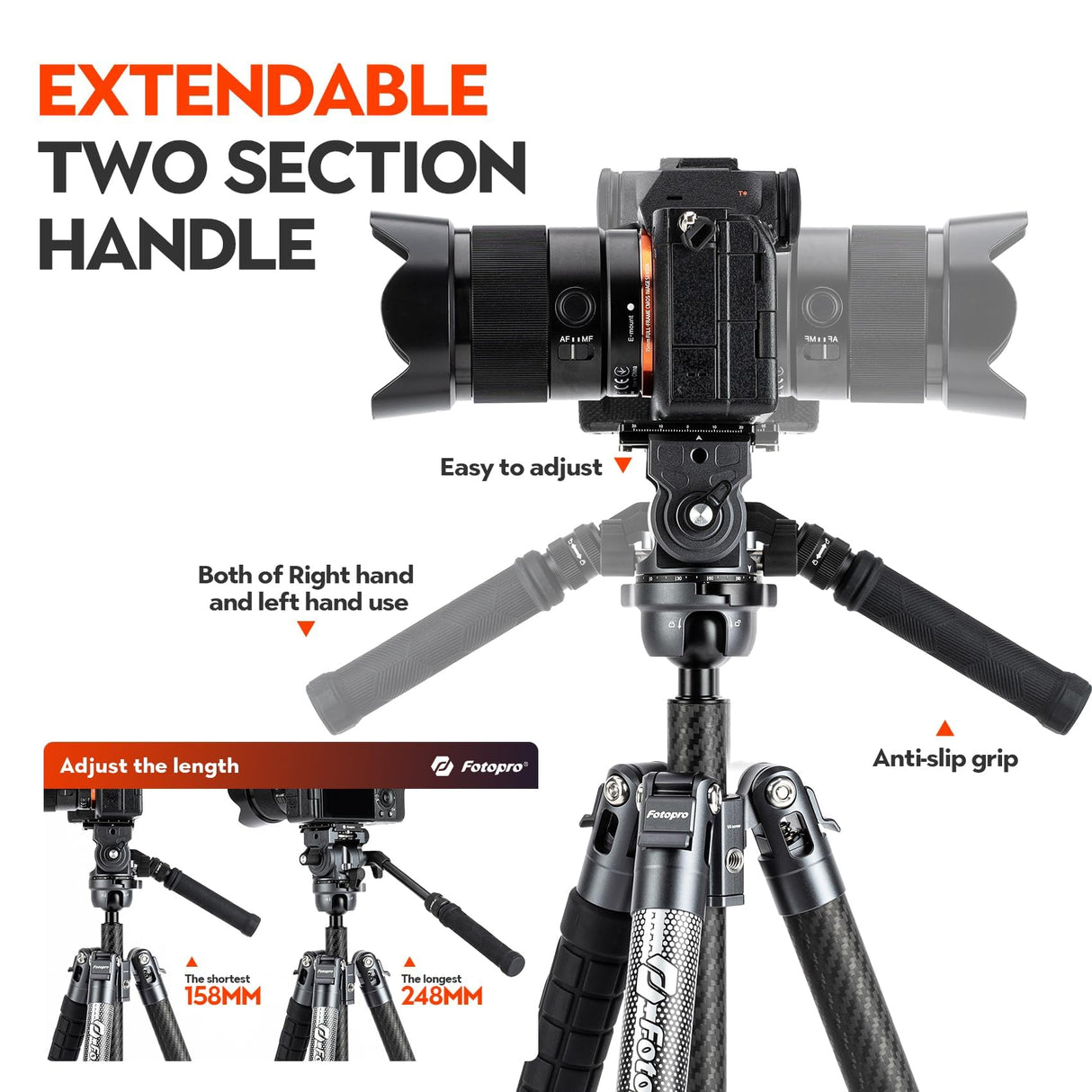 Fotopro X-Airfly - Trípode para cámara de vídeo con cabeza líquida, cabeza de bola panorámica, 1,3 kg, ampliable, portátil, compacto, de fibra de carbono, para cámara réflex digital, 15 kg, color gris