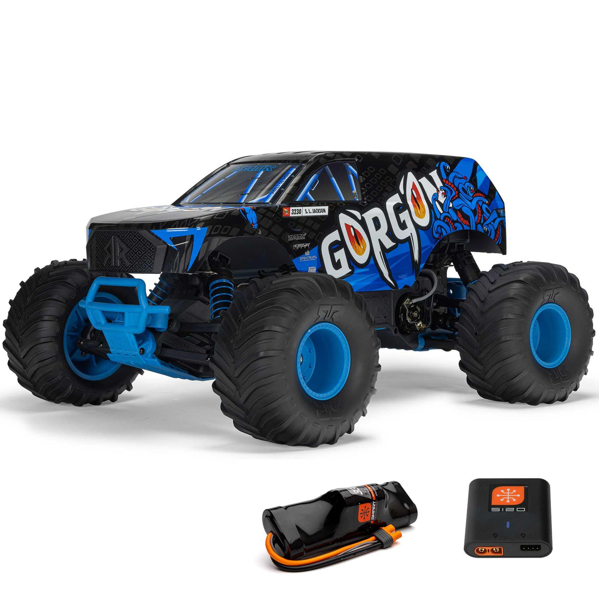 ARRMA 1/10 Gorgon 2WD RTR Monster Truck Mega 550 14T Motor de Cepillo, Espectro SLT2 2,4 GHz, Incluye batería NiMH de 3300 mAh y Cargador USB-C S120, Color Azul