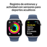 Apple Watch Series 10 GPS + Cellular Smartwatch con Caja de Aluminio Plata de 46 mm y Correa Deportiva Azul Denim - Talla M/L. Monitor de entreno, App ECG, Pantalla Retina Siempre Activa