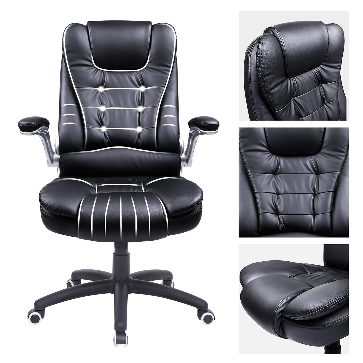 SONGMICS Silla de Oficina con Respaldo Alto, Reposacabezas y Asiento Gruesos, Reposabrazos Elevables, Silla Giratoria Ergonómica, Negro OBG51B