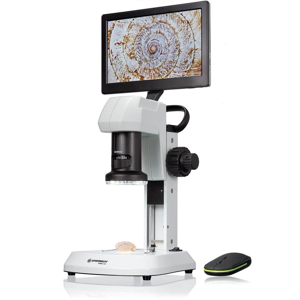 Bresser Microscopio LCD con análisis de luz y luz en 5 Niveles de Brillo, Zoom Continuo (0,7 x – 4,5 x), Pantalla de 22,5 cm y Enfoque Grueso y Fino, Blanco