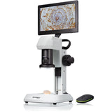 Bresser Microscopio LCD con análisis de luz y luz en 5 Niveles de Brillo, Zoom Continuo (0,7 x – 4,5 x), Pantalla de 22,5 cm y Enfoque Grueso y Fino, Blanco