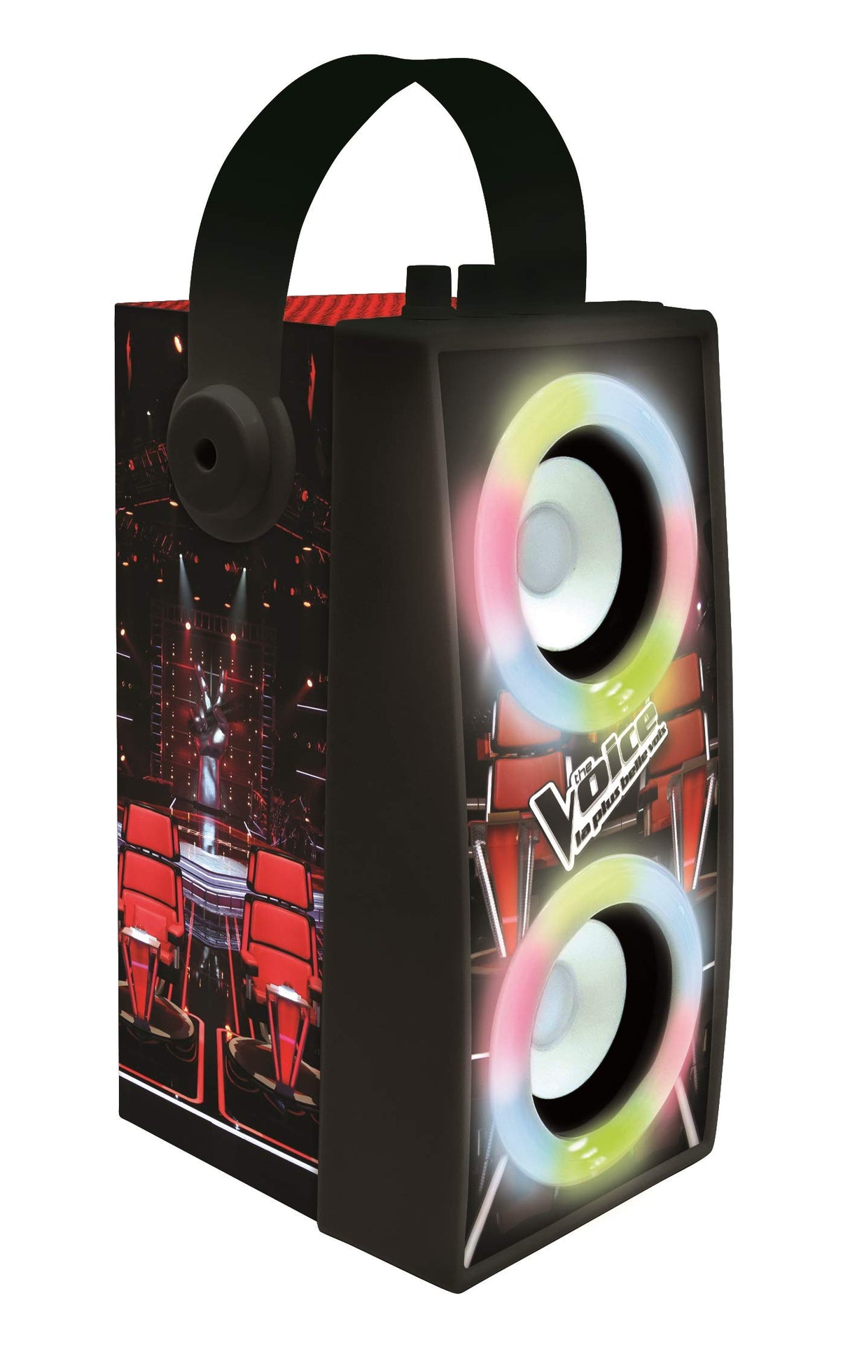 LEXIBOOK, The Voice, Altavoz Luminoso Bluetooth portátil con micrófono, Efectos de luz, Karaoke, Inalámbrico, USB, Tarjeta SD, Batería Recargable, Negro/Rojo, BTP180TVZ