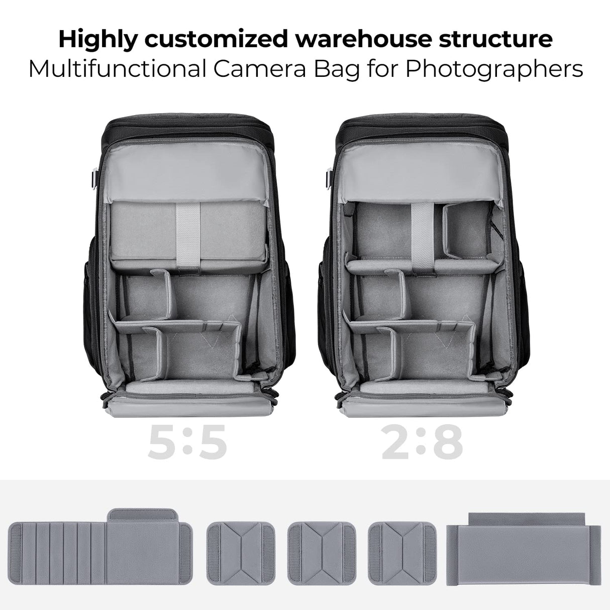 K&F Concept Mochila Cámara Profesional, Bolsa Fotógrafos Cámara Impermeable de Gran Capacidad para Camera Reflex Digital DSLR, Adecuado para viajes al aire libre senderismo fotografía Gris
