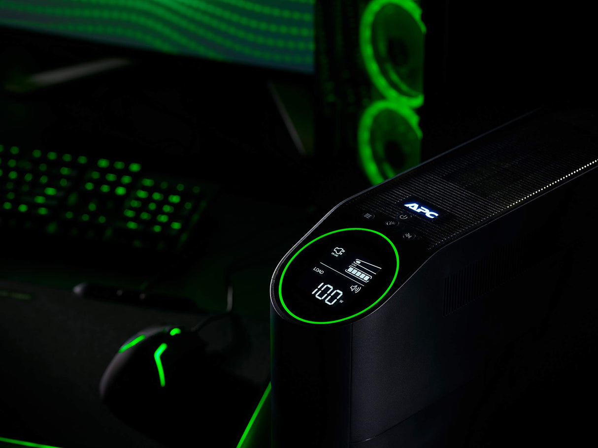APC Gaming Sistema de alimentación ininterrumpida Back UPS Pro, 2200VA/1320W, Torre, 230V, 4X Tomas Schuko y 2X IEC C13, Luces RGB, Onda sinusoidal Pura, Medianoche (Negro) BGM2200B-GR