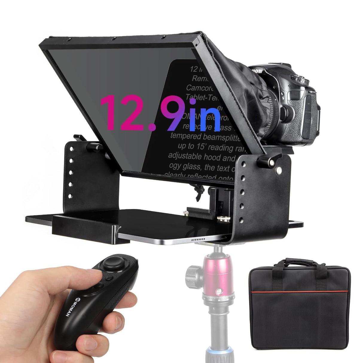 Moman MT12 Teleprompter Metálico de 12,9 Pulgadas, con App Remota y Control Remoto, Soporte Ajustable - Compatible con iPad, iPhone, Tabletas, Smartphones y Cámaras DSLR
