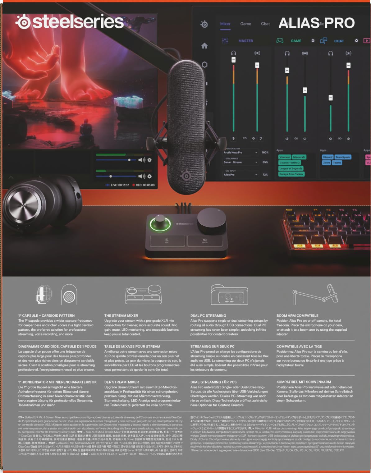 SteelSeries Alias Pro Kit — Micro XLR + Mezclador Stream — cápsula 3 Veces Mayor para Gaming, Streaming y pódcast — Interfaz USB/XLR — Controles para personalización — RGB — PC Individual o Dual