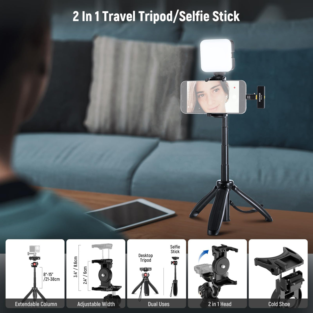 NEEWER Kit Vlogging para Teléfono con Luz LED RGB/Sistema Micrófono Inalámbrico Lavalier/Trípode para Teléfono Selfie Palo, Creador Contenido Esencial para iPhone Android Podcast Youtube, PA048