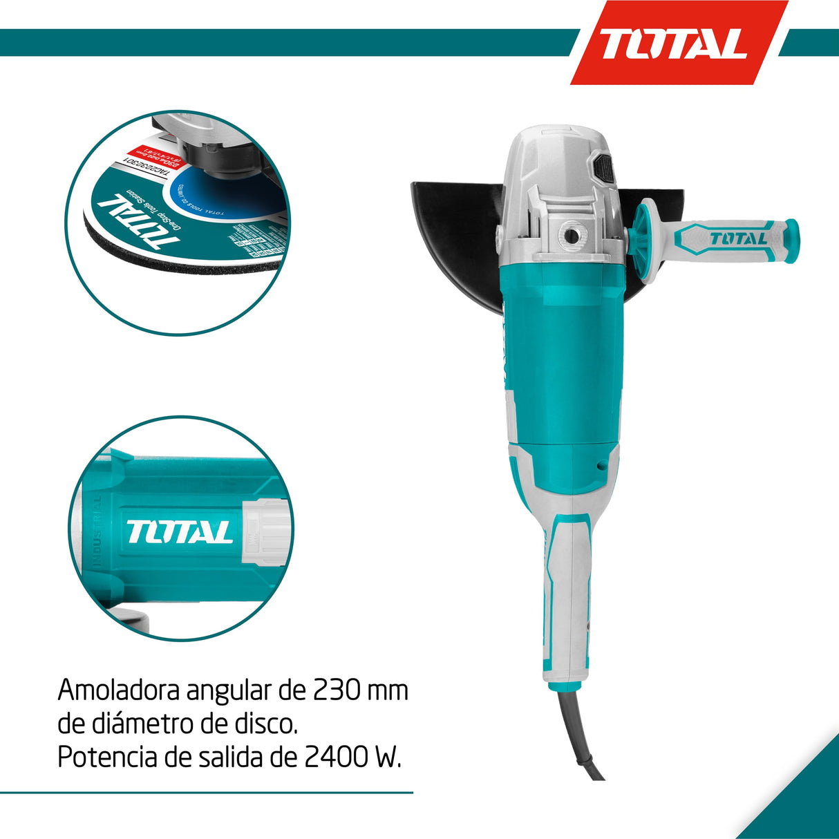 TOTAL - Amoladora Angular de Cable con Potencia de 2400 W - Disco de 230 mm - Velocidad de 6300 rpm - Incluye Empuñadura Extra para Mejor Agarre y Juego de Escobillas