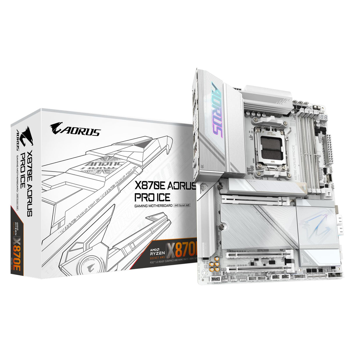 GIGABYTE Placa Base X870E AORUS Pro Ice - Compatible con CPUs AMD Ryzen 9000, VRM Digital de 16+2+2 Fases, hasta 8000MHz DDR5 (OC), 3xPCIe 5.0, Wi-Fi 7, LAN 2.5GbE, USB 4